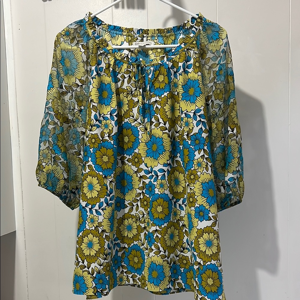 Cato Blue and Gold 3/4 Sleeve Tie Front Blouse